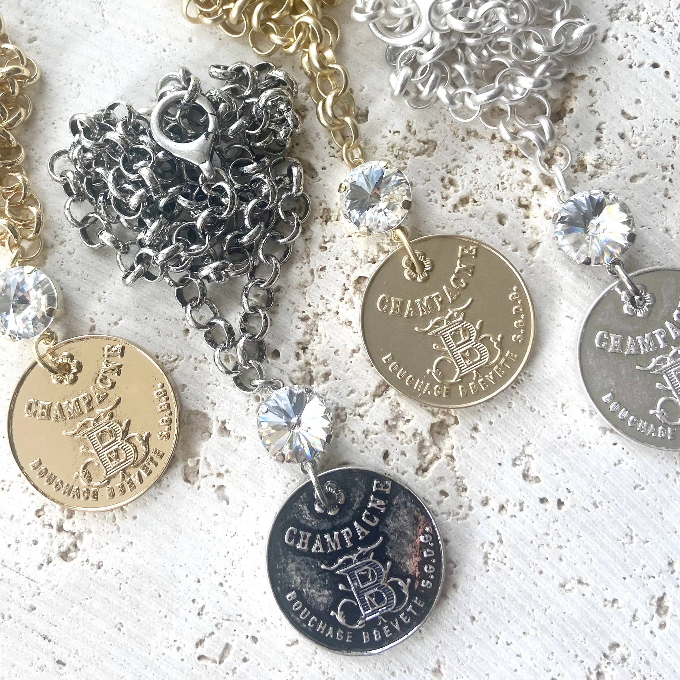 Champagne French coin necklace boutique salon jewelry