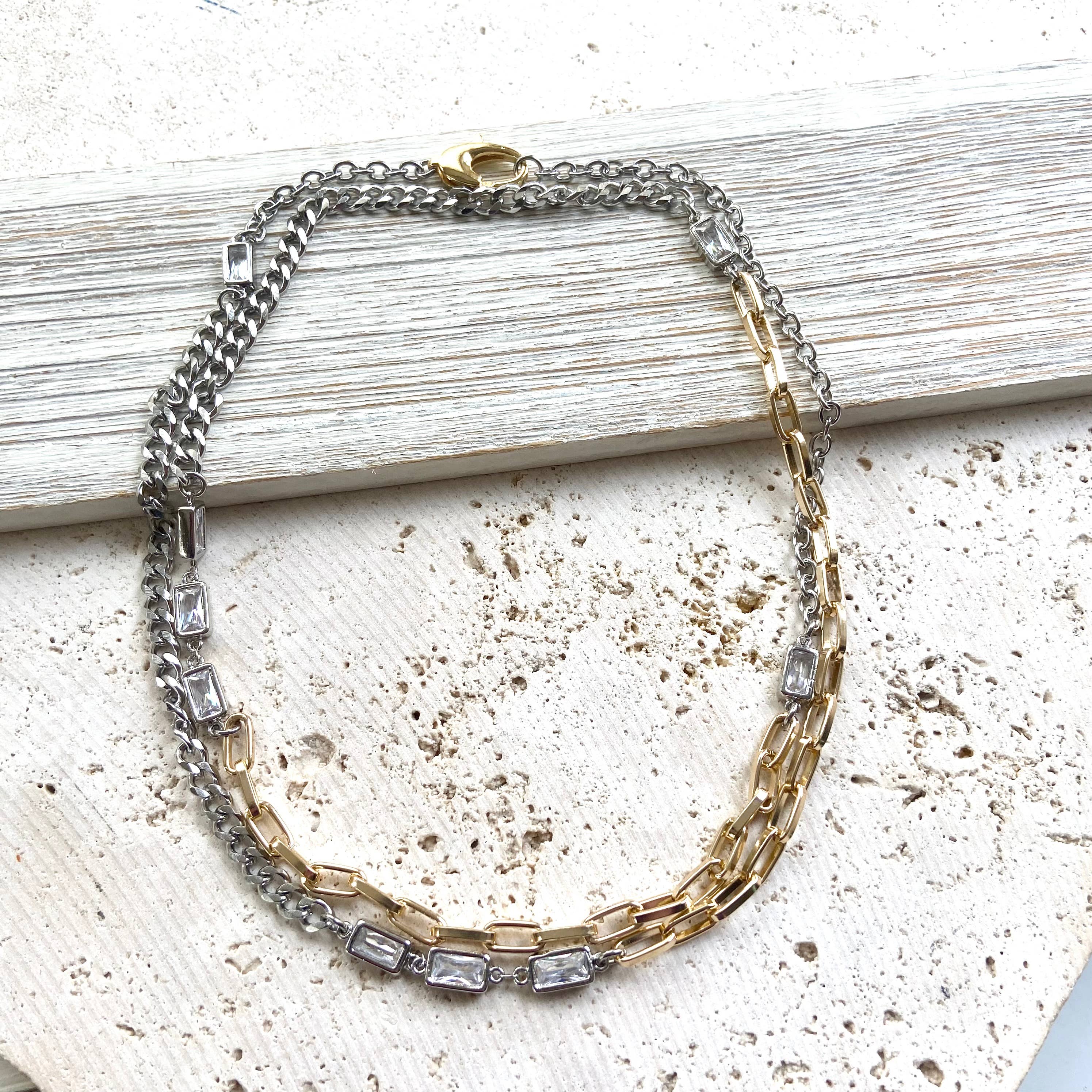 Mixed metal non tarnishing necklace edgy glam jewelry