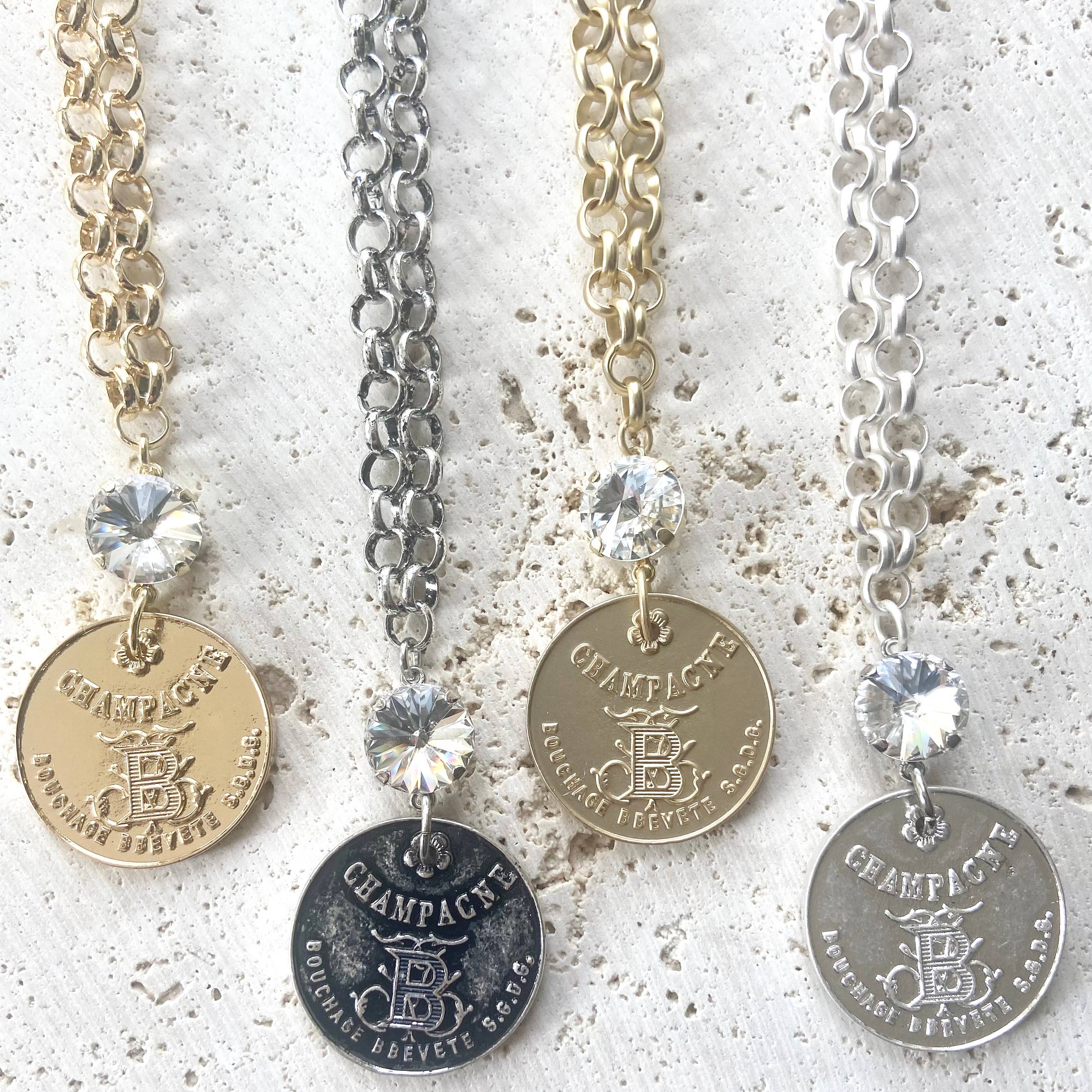 Champagne French coin necklace boutique salon jewelry