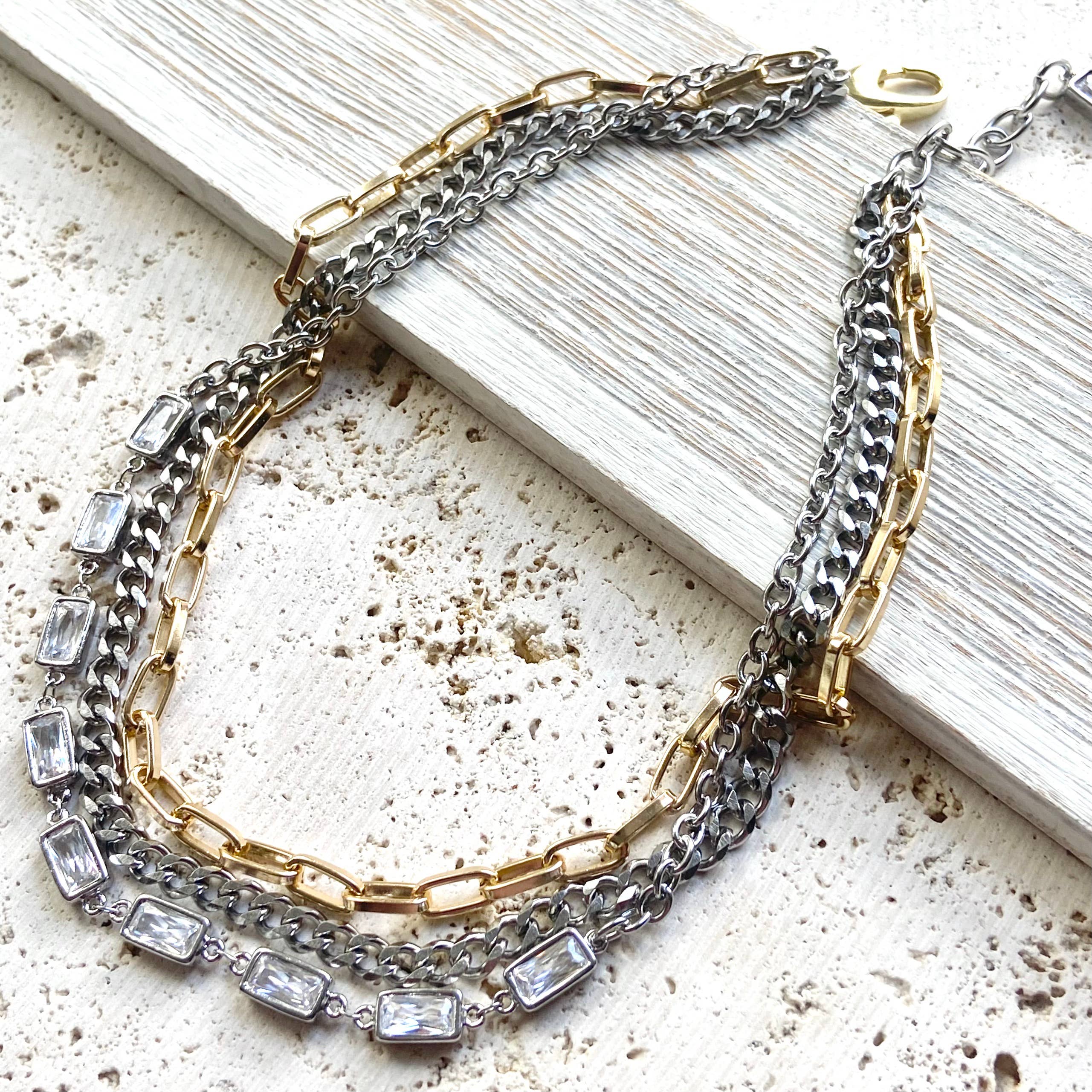Mixed metal non tarnishing necklace edgy glam jewelry