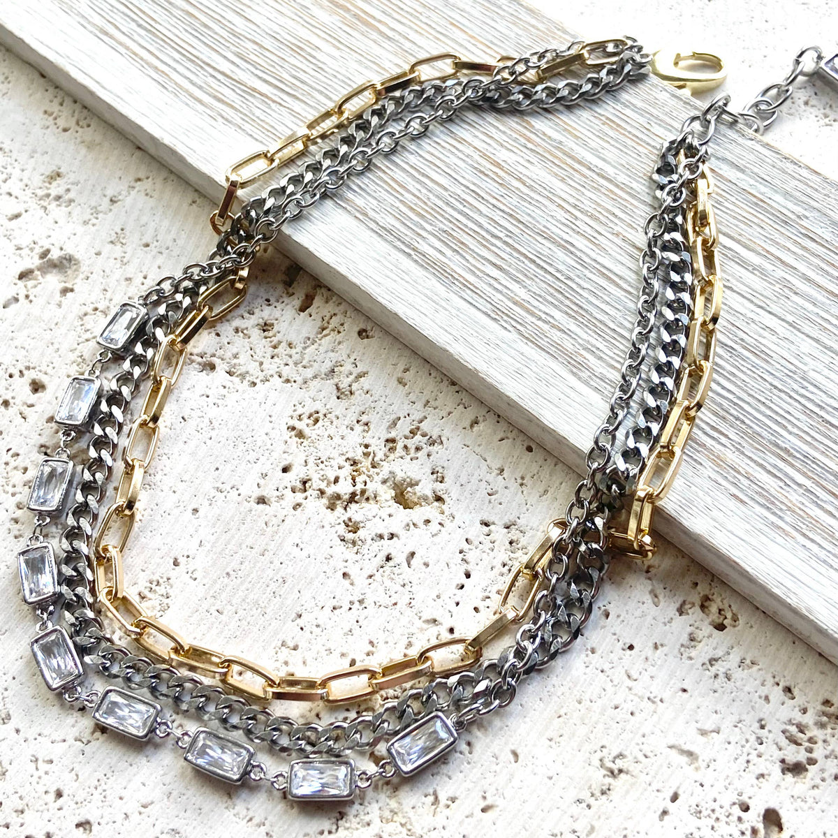 Mixed metal non tarnishing necklace edgy glam jewelry