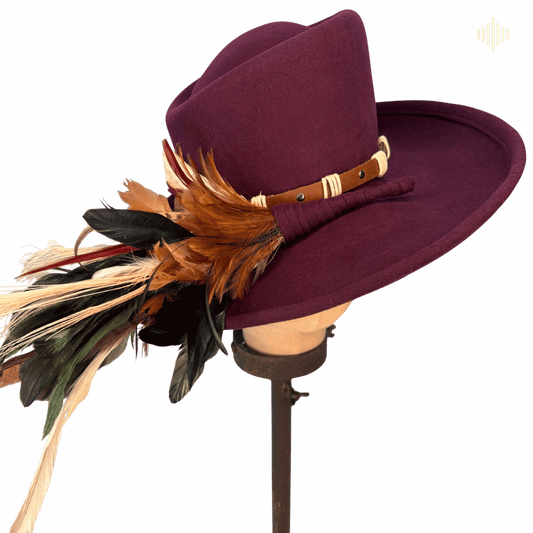 Wine Wool Bohemian Feather Top Hat